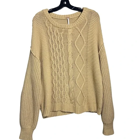 Free People Cable Knit Sweater Tan Oversized Long Sleeve Women's Size M cozy - Picture 2 of 7